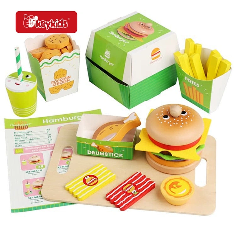 Wooden Hamburger Fast Food Play Set, Pretend Play Food Set with Burger, Fries, Sandwich and Accessories W10L189